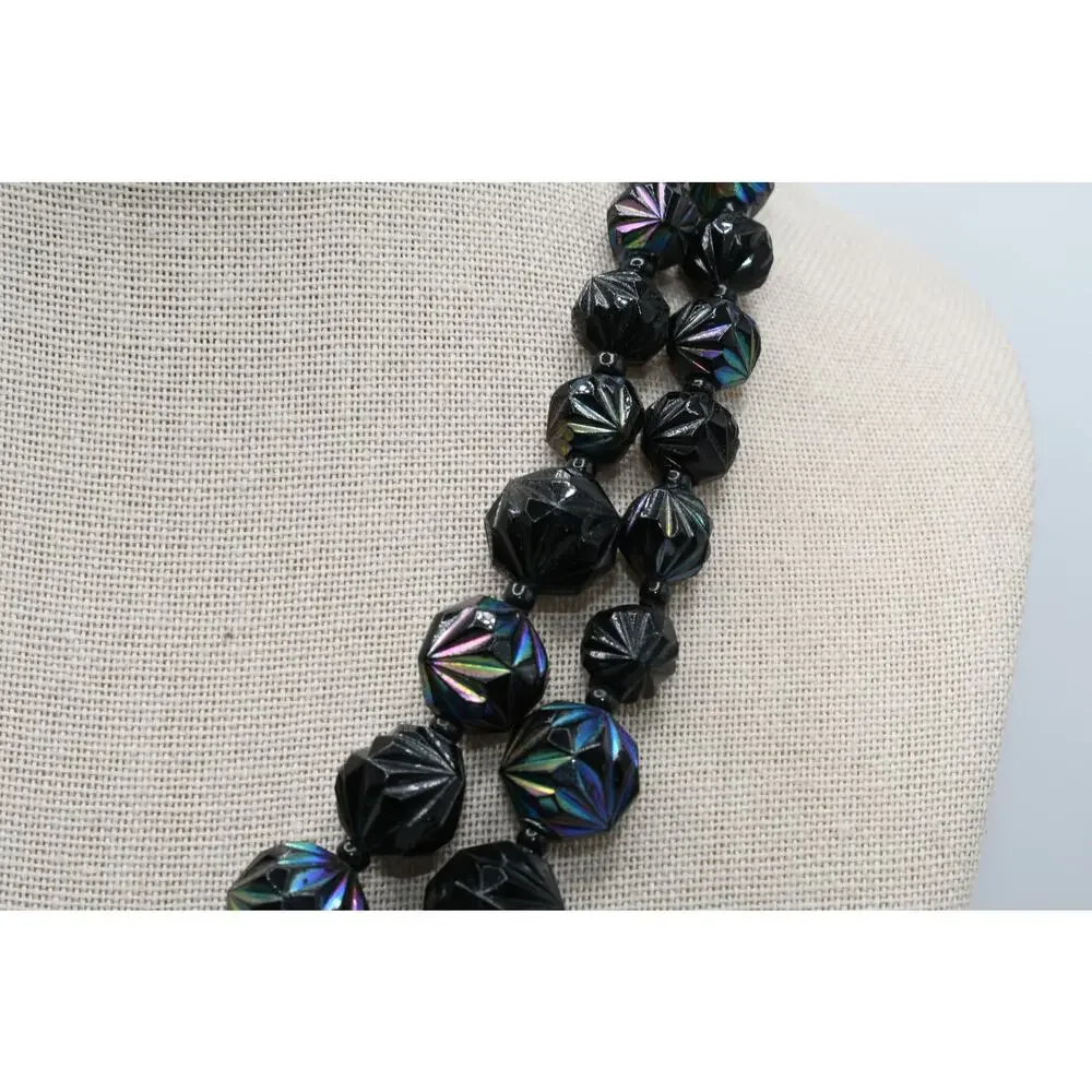 Vintage West Germany Black Iridescent Lucite Bead Necklace Double Strand